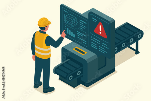 Factory worker monitoring a production line with automation error, ensuring quality control and safety in manufacturing processes