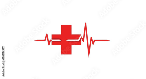 Red medical cross symbol with heartbeat line, representing healthcare and life, isolated on