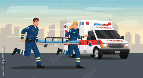 Paramedics in uniform running with stretcher towards an ambulance, symbolizing emergency medical response and urgent care