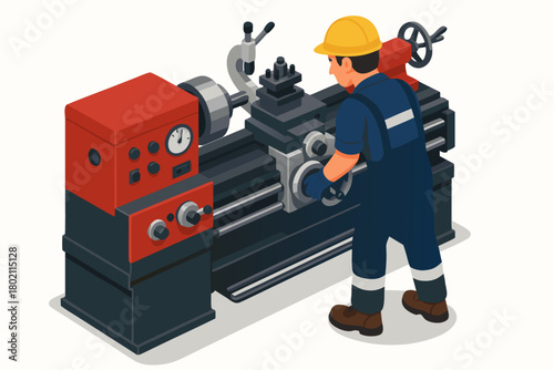 Skilled machinist operating lathe machine in industrial factory setting, precise metalworking for manufacturing and engineering