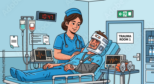 Nurse caring for patient in trauma room, the patient has head injury and broken arm, with medical equipment around them