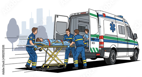 Emergency medical team carefully loading patient onto stretcher into an ambulance, highlighting rapid response and critical care services in an urban setting