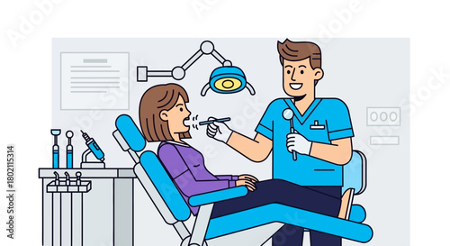 Dentist examining patients teeth in modern dental clinic with specialized equipment and friendly atmosphere, promoting oral hygiene and dental care