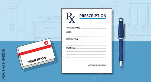 Medical prescription form, pack medication, and pen laid out on blue surface, representing healthcare, treatment, and pharmaceutical solutions