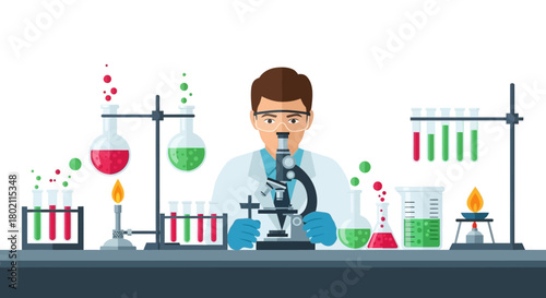 Scientist in laboratory conducting experiment with microscope, test tubes, beakers, and burner, representing research, discovery, and scientific innovation