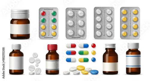 Assortment pharmaceutical products including amber glass bottles, blister packs pills, and loose tablets and capsules, isolated on