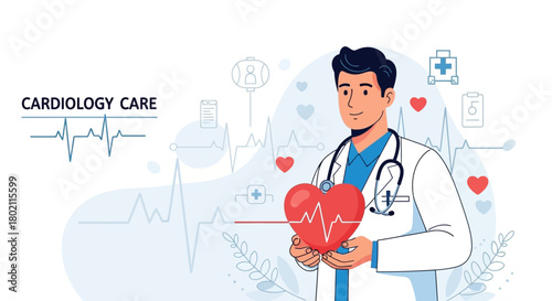 Male cardiologist in coat holding red heart with heartbeat line, surrounded by medical symbols and the text cardiology care, signifying heart health and cardiovascular expertise