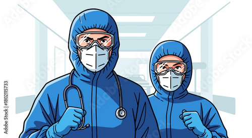 Two medical professionals in full protective suits, masks, and goggles, standing in hospital corridor, symbolizing protection and fighting disease