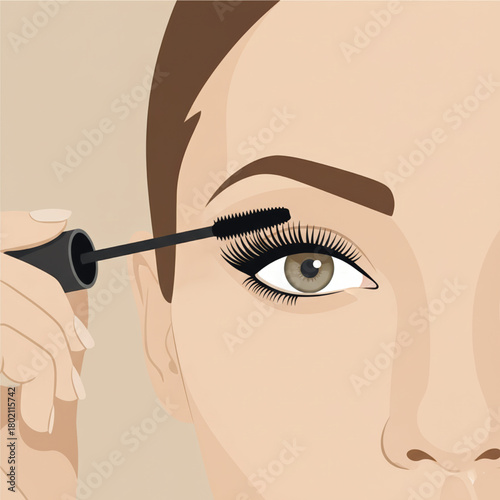 Minimalist close-up of a woman applying mascara, showing detailed lashes and makeup routine. Clean beauty concept for cosmetics and tutorials. Vector illustration