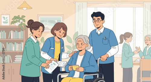 Healthcare professionals assisting elderly woman in wheelchair at care home, showing support and compassion