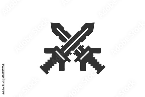 Two crossed pixel art swords with gray tone create a visually engaging design