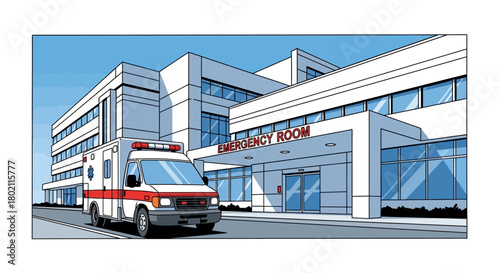 An ambulance parked in front modern hospital building with an emergency room entrance, symbolizing medical care and urgent treatment