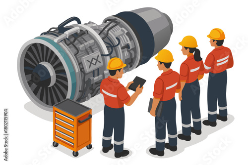 Expert aviation engineers inspect jet engine with digital tablet for aircraft maintenance and safety compliance at the hangar bay