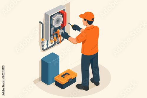 Professional technician repairing modern water heater with expertise and precision for home maintenance solutions illustration