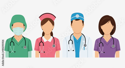 Group diverse healthcare professionals, including doctors and nurses, wearing scrubs and stethoscopes, representing medical teamwork and healthcare services