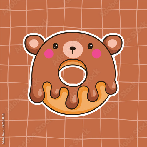 A chocolate bear donut with glaze drops. A cute cartoon character. A children's illustration in the Doodle style