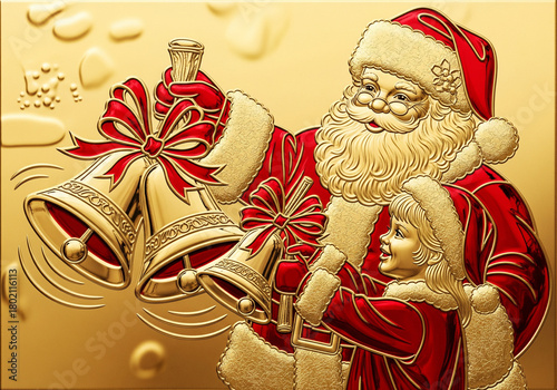 Elegant Monochrome Contrast: Santa and Child Ringing Gold Foil Bells with Deep Dimensional Reds