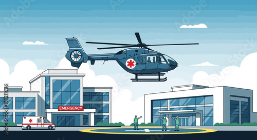Medical helicopter landing at hospital helipad with ambulance and medical staff