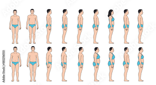 Diverse group of people showcasing varying body types and physiques in front and profile views, illustrating human form diversity.