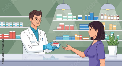 Pharmacist handing medication to customer at the counter in pharmacy, with shelves medicines in the