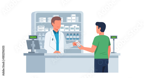 Pharmacist behind counter in pharmacy, giving prescription to male customer in green tshirt