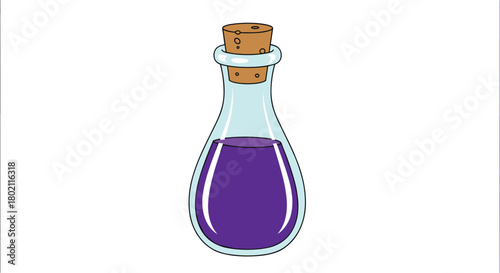 A whimsical illustration of a glass bottle filled with a vibrant purple potion, sealed with a cork, evoking a sense of magic and mystery.
