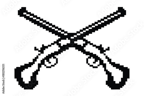 Two crossed pixelated muskets present a retro, stylized, and military themed emblem here