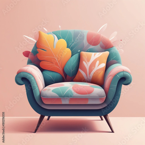 A whimsical armchair with a floral pattern and a large leaf accent, evoking a cozy and artistic living space