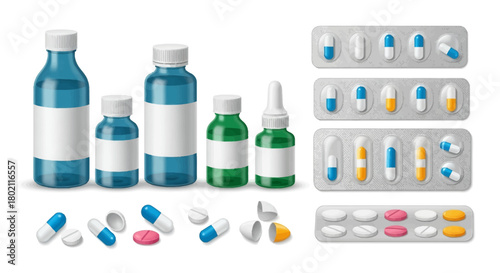 Collection pharmaceutical products including blue and green bottles, dropper bottles, and blister packs pills and capsules, representing medicine and healthcare