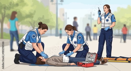 Paramedics providing emergency medical assistance to an unconscious person on the street, with stretcher and medical equipment nearby