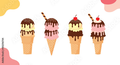 A colorful collection of decadent ice cream cones with chocolate drizzle and toppings, perfect for summer treats and dessert illustrations.