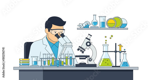 Scientist in lab coat and glasses looking through microscope at table filled with scientific equipment including test tubes, flasks, and beakers, with shelves supplies in the