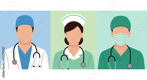 Three medical professionals, doctor, nurse, and surgeon wearing scrubs and masks, are depicted in flat style with stethoscopes around their necks, representing healthcare workers
