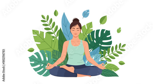 Woman meditating in lotus position surrounded by lush green tropical leaves, symbolizing peace, wellness, and healthy lifestyle
