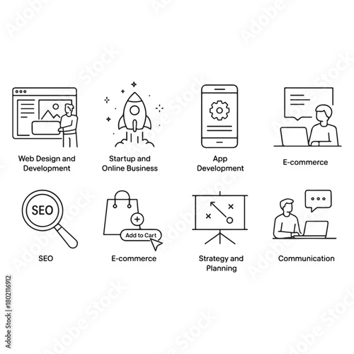 Concepts of web design and development, startup and online business, seo, app development, e-commerce, strategy and planning, communication.