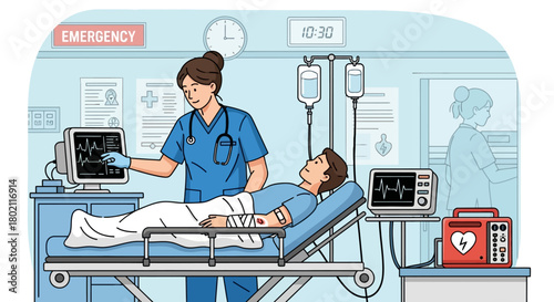 Nurse tending to patient in an emergency room, monitoring vital signs on computer screen and checking an ekg, with medical equipment like iv drips and defibrillator present