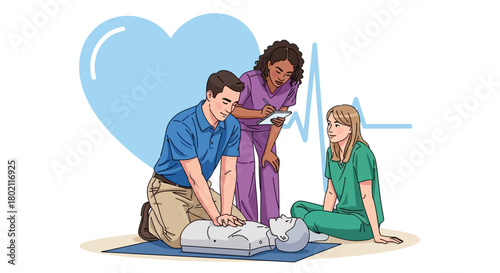 Cpr training session with instructor guiding students on how to perform chest compressions on dummy, with heart and ekg line in the, symbolizing life support and medical education