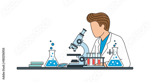 Scientist in lab coat examining samples under microscope, surrounded by beakers and test tubes with blue liquid, illustrating scientific research and laboratory work
