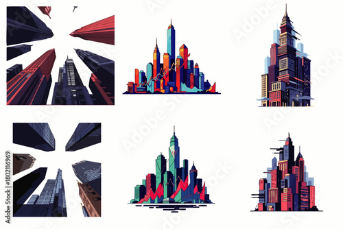 A vibrant collection of stylized cityscapes showcases the diverse architectural designs and urban landscapes, perfect for graphic design and illustration projects.