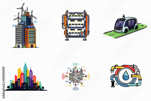 A series of vector illustrations showcasing concepts related to sustainable cities, renewable energy, and technological advancements for a greener future.