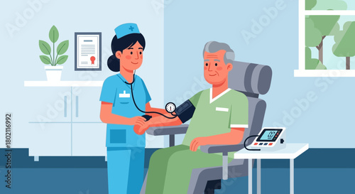 Nurse taking blood pressure an elderly patient in clinic room, healthcare concept