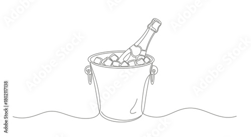 Continuous one line drawing of a champagne bottle chilling in a bucket full of ice cubes.