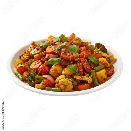 Spiced Indian Tawa Vegetable Fry (Bhaji/Sabji) with Cauliflower, Carrots, Beans, and Bell Peppers Garnished with Cilantro isolated on a transparent background 
