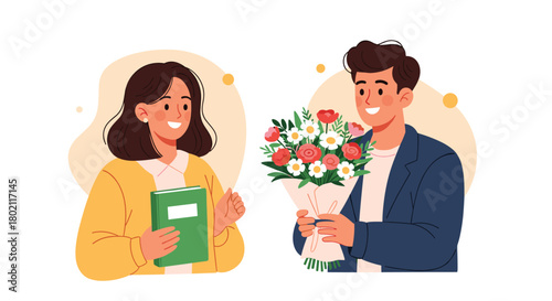 A young man cheerfully presents a colorful bouquet of flowers to a smiling woman holding a book, expressing gratitude or celebration.