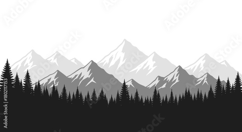 A minimalist, monochromatic landscape featuring a dense forest of pine trees in the foreground with a range of snow-capped mountains receding into the distance under a clear sky.