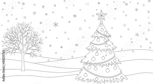 A black and white illustration of a Christmas tree in a snowy landscape with a bare tree.