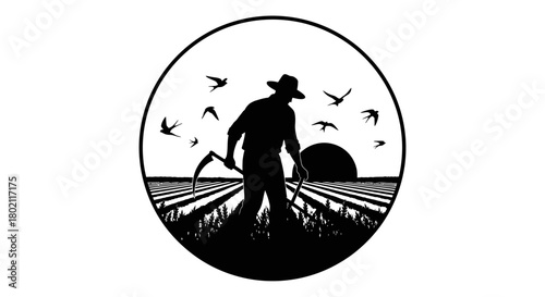 Silhouette of a farmer working in a field at sunset, surrounded by birds, inside a circle.