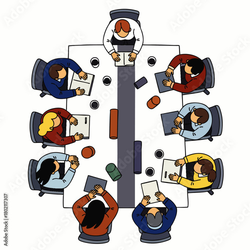 An overhead illustration depicts a diverse group of business professionals collaboratively meeting around a conference table, fostering teamwork and strategic discussions.