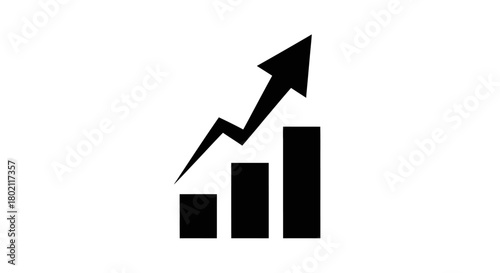 A black and white graphic illustration of a bar chart with an upward trending arrow indicating growth and progress.