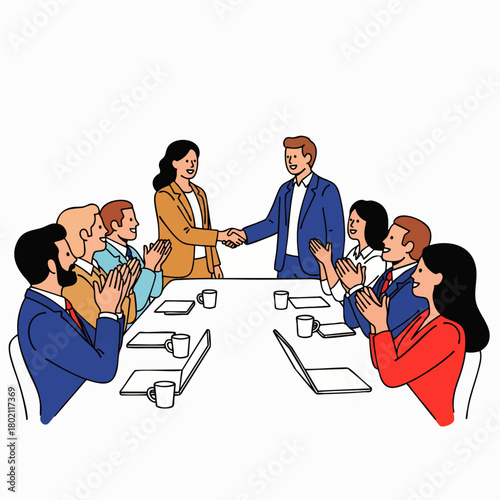A business meeting illustration shows a diverse group of colleagues applauding a handshake, symbolizing agreement and collaboration in a professional setting.
